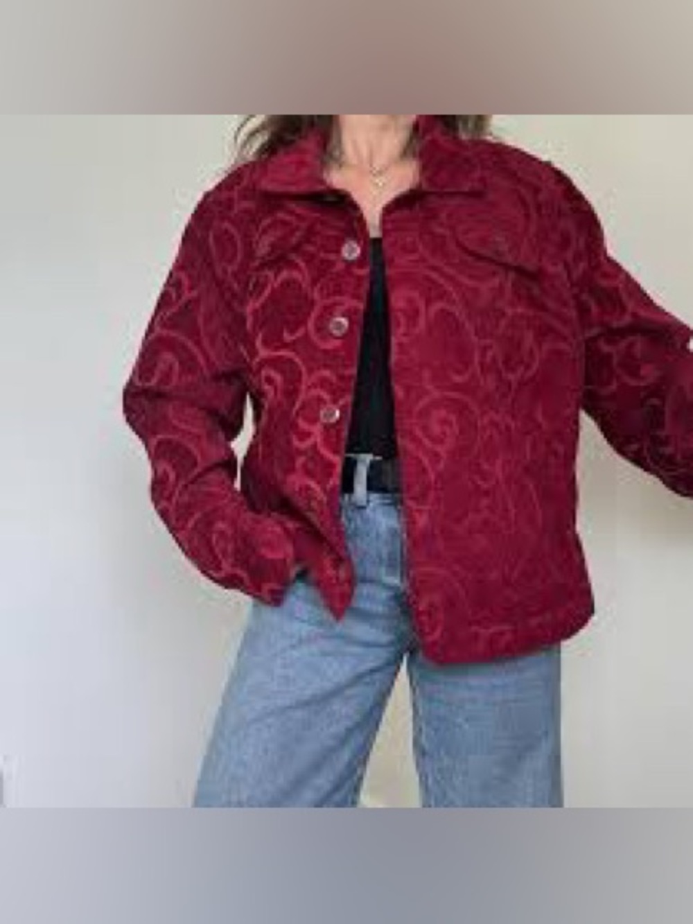 croft & barrow Deep Red Patterned Button-Up Jean Jacket
